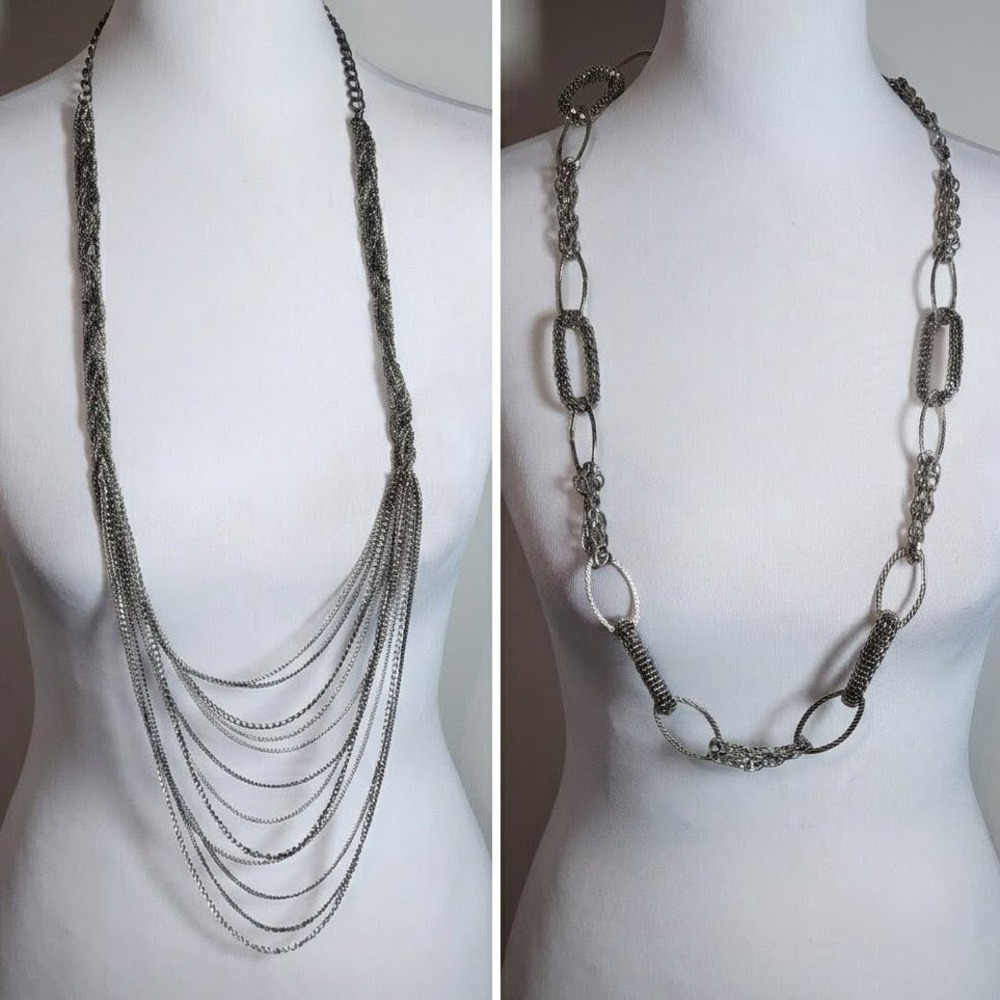 Silver Tone Chain Necklace Lot of 2 Metal Multi Strand Link Goth Edgy Grunge